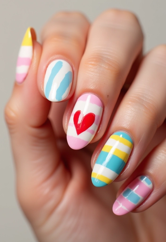 36 Coquette Nail Art Ideas with Hearts, Bows, and Feminine Flair - 29. Hearts with Stripes