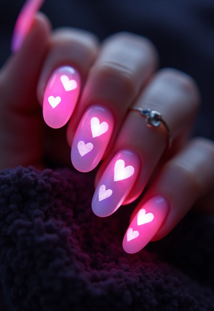 36 Coquette Nail Art Ideas with Hearts, Bows, and Feminine Flair - 31. Glowing Hearts