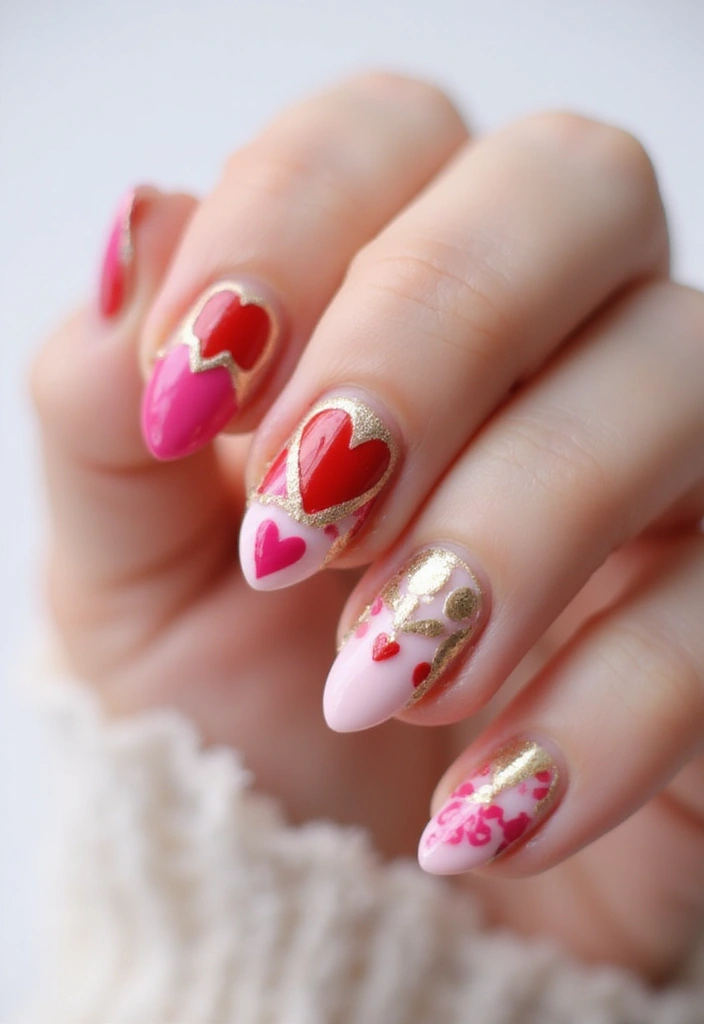 36 Coquette Nail Art Ideas with Hearts, Bows, and Feminine Flair - 32. Heart-Love Mix