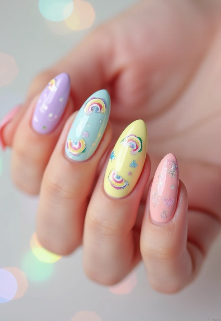 36 Coquette Nail Art Ideas with Hearts, Bows, and Feminine Flair - 6. Pastel Rainbow Hearts