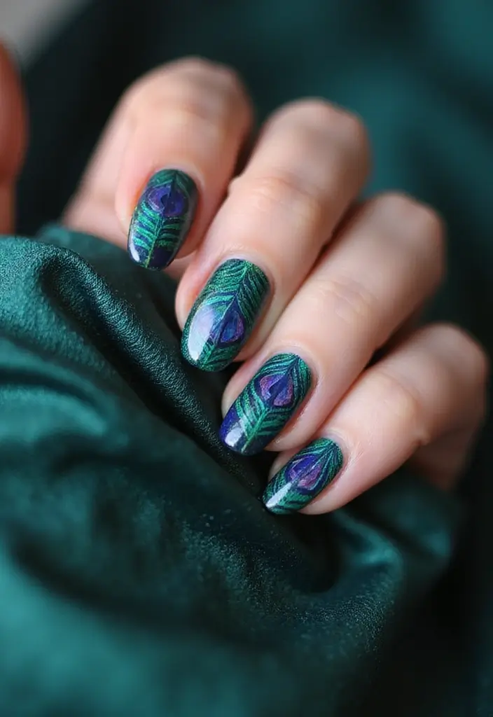 36 Sparkling Nail Accents Perfect for Evening Events - 16. Elegant Peacock Feathers