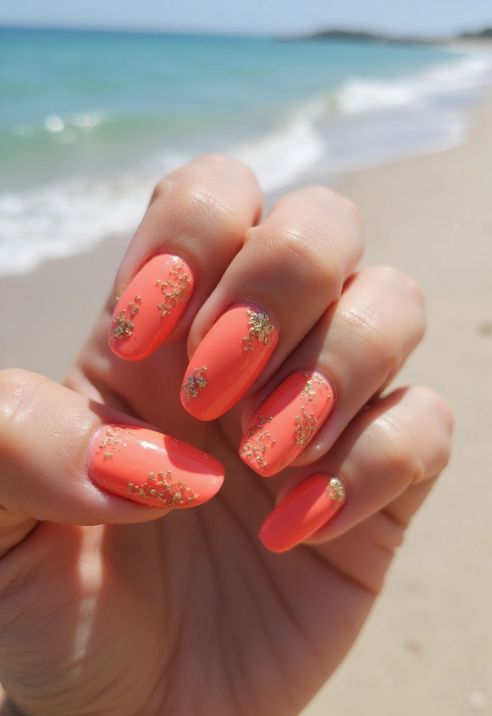 36 Sparkling Nail Accents Perfect for Evening Events - 19. Beachy Coral Vibes