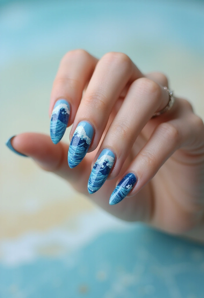 36 Sparkling Nail Accents Perfect for Evening Events - 28. Ocean Wave Designs