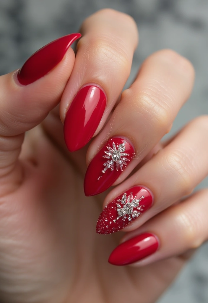 36 Sparkling Nail Accents Perfect for Evening Events - 9. Classic Red with a Twist