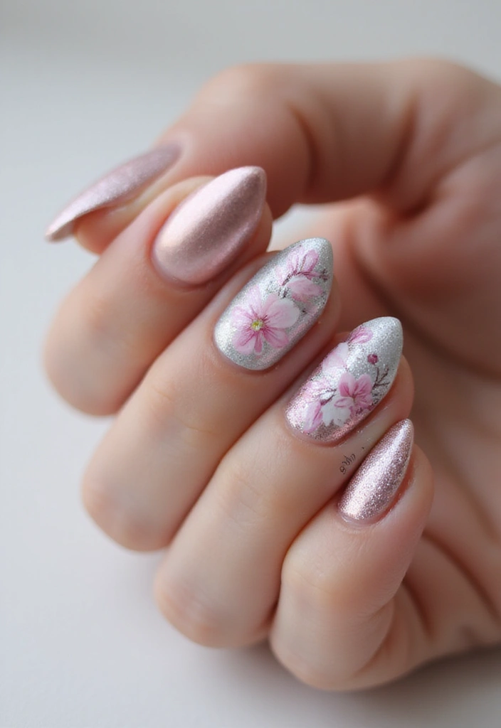 37 Bridal Shower Nail Ideas That Are Festive & Fun - 37. Shimmering Metallics with Florals