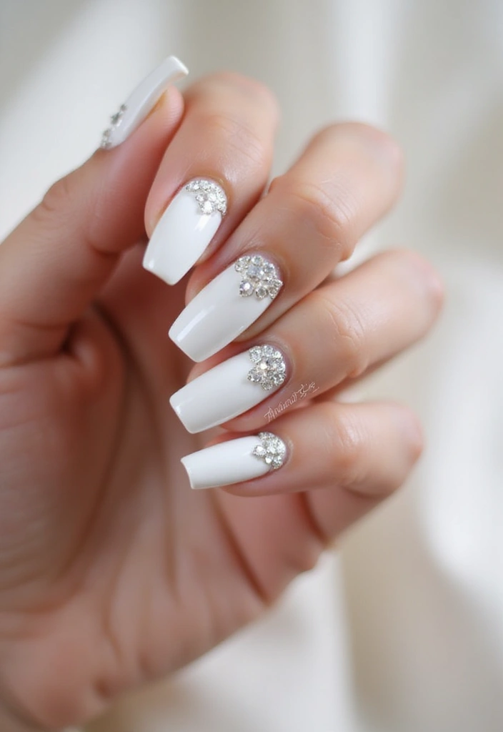 37 Milky White Nails That Give That 'Glass Skin' Effect - 14. Rhinestone Details