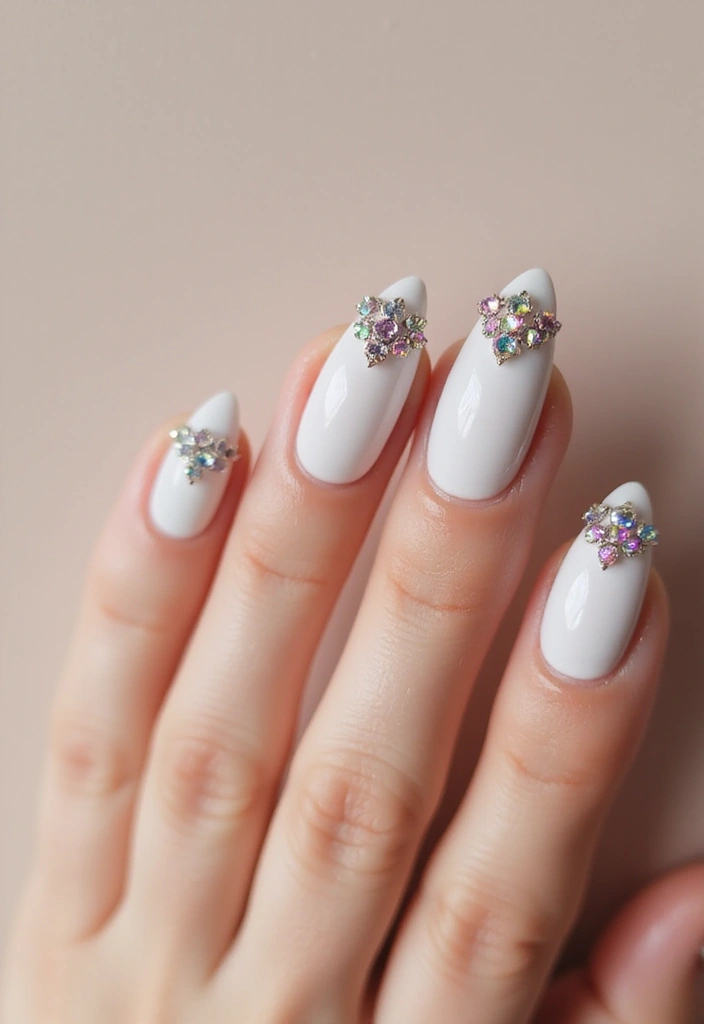 37 Milky White Nails That Give That 'Glass Skin' Effect - 17. Bejeweled Tips