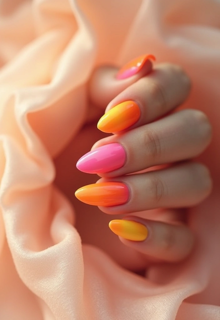 37 Summer Neon Nails to Brighten Your Vacation Looks - 1. Tropical Sunset Ombre