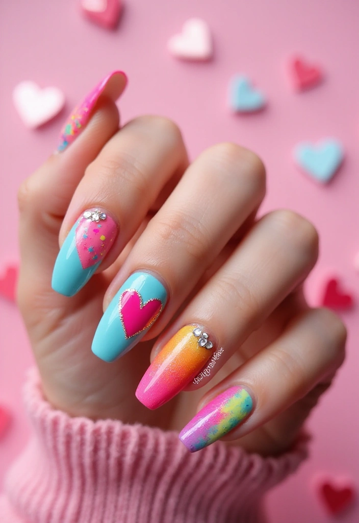 37 Summer Neon Nails to Brighten Your Vacation Looks - 12. Neon Hearts