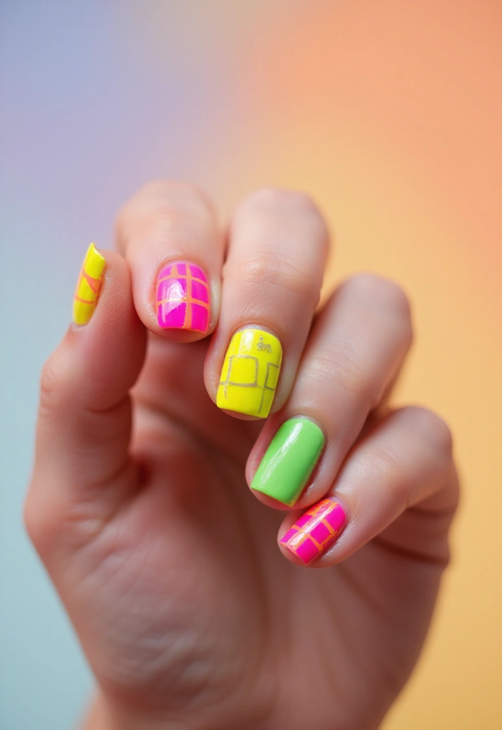 37 Summer Neon Nails to Brighten Your Vacation Looks - 16. Neon Checkerboard