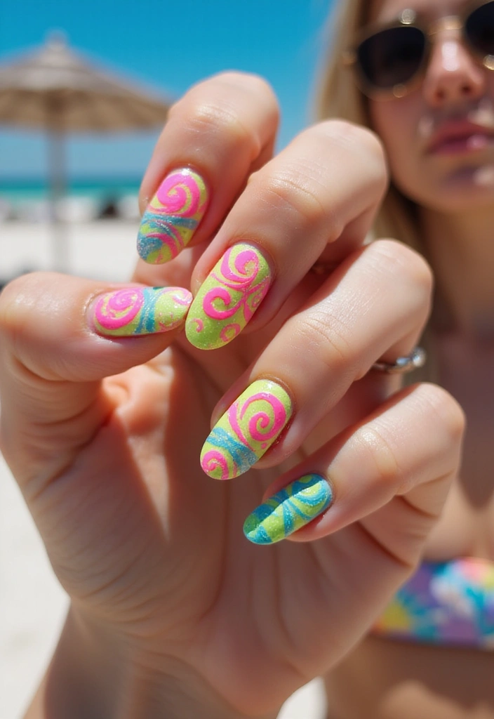 37 Summer Neon Nails to Brighten Your Vacation Looks - 18. Neon Swirls