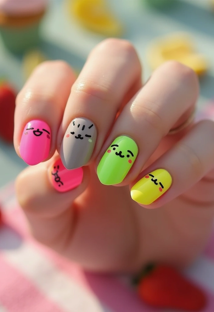 37 Summer Neon Nails to Brighten Your Vacation Looks - 19. Neon Pusheen Cats
