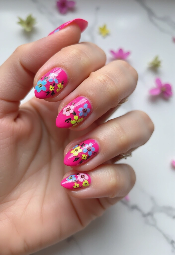 37 Summer Neon Nails to Brighten Your Vacation Looks - 2. Neon Floral Accents