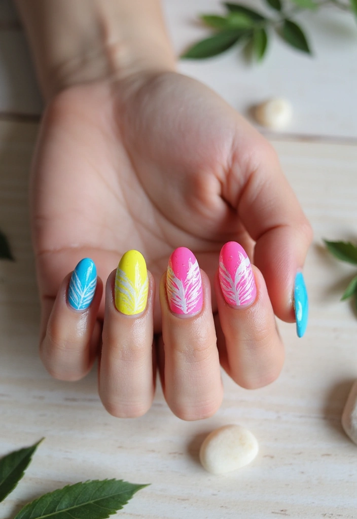37 Summer Neon Nails to Brighten Your Vacation Looks - 22. Neon Feather Accents