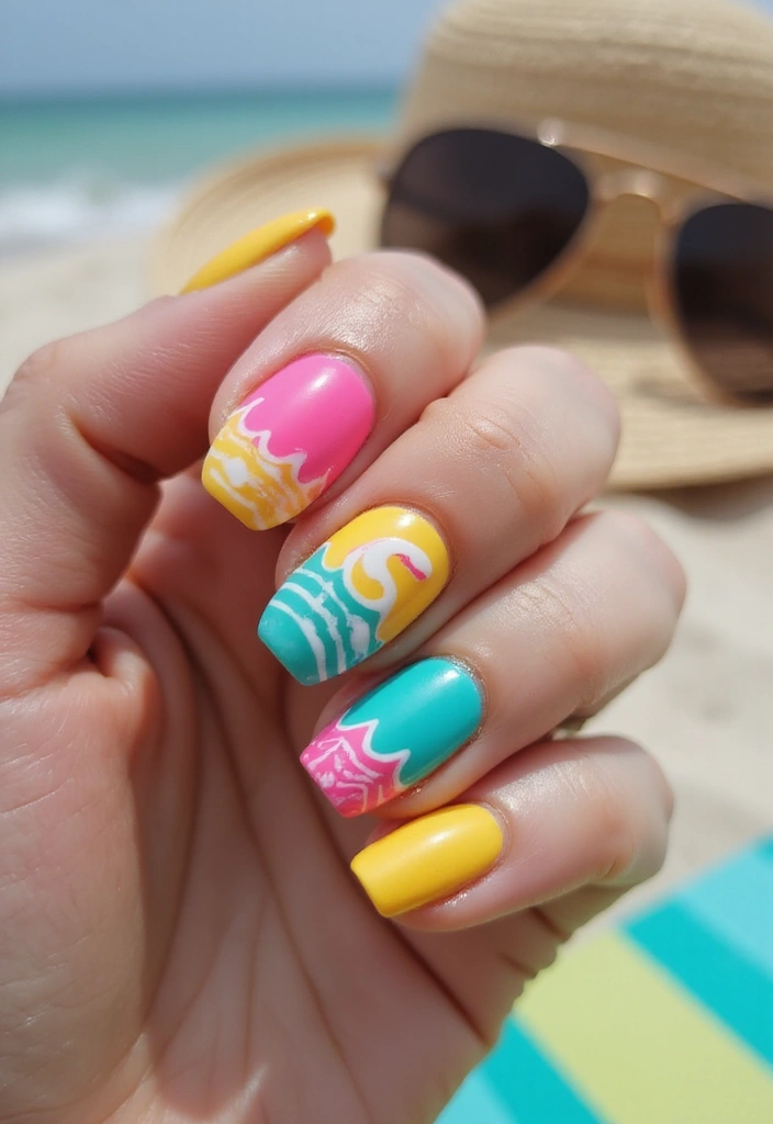 37 Summer Neon Nails to Brighten Your Vacation Looks - 27. Neon Layered Waves