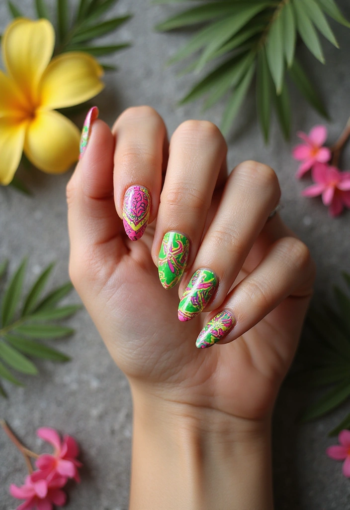 37 Summer Neon Nails to Brighten Your Vacation Looks - 28. Neon Tribal Patterns