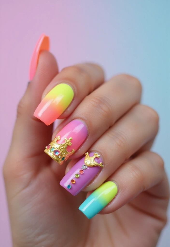 37 Summer Neon Nails to Brighten Your Vacation Looks - 29. Neon Crown Accents