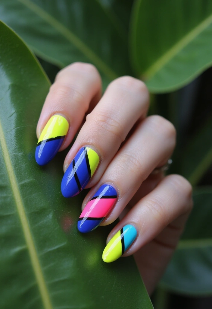 37 Summer Neon Nails to Brighten Your Vacation Looks - 3. Neon Geometric Patterns