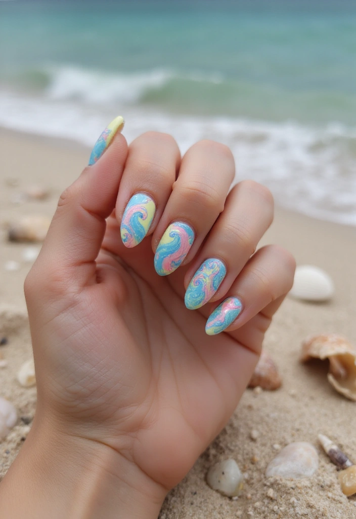 37 Summer Neon Nails to Brighten Your Vacation Looks - 31. Neon Waves and Shells