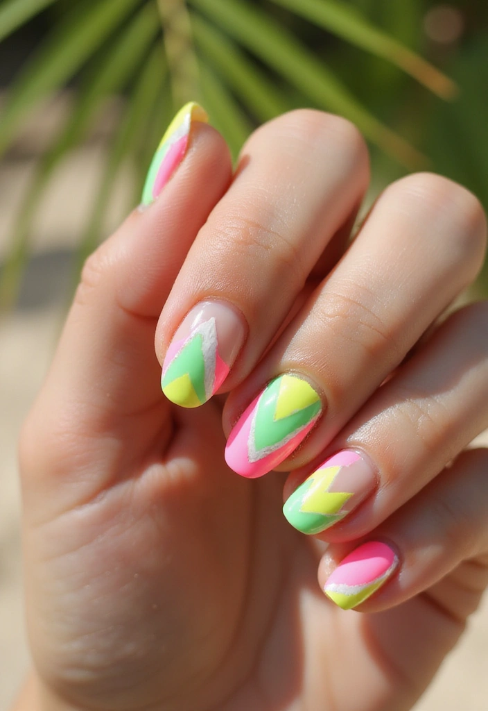 37 Summer Neon Nails to Brighten Your Vacation Looks - 32. Neon Layered Triangles