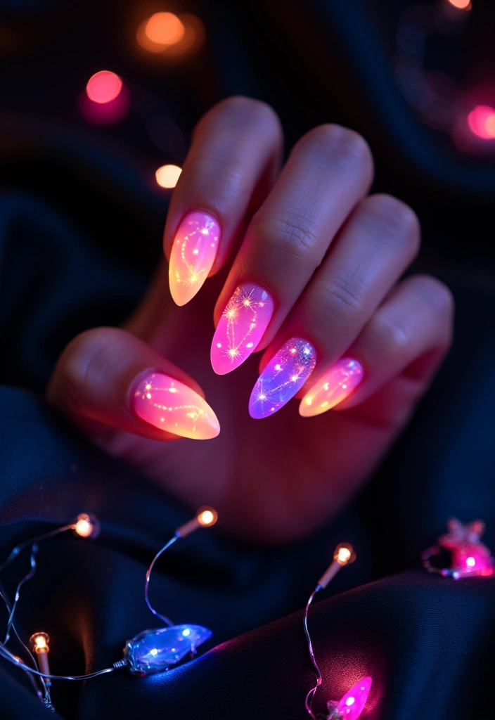 37 Summer Neon Nails to Brighten Your Vacation Looks - 33. Neon Twinkling Lights