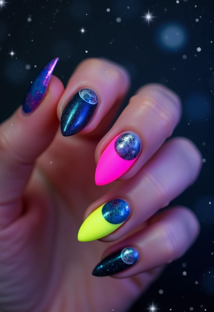 37 Summer Neon Nails to Brighten Your Vacation Looks - 34. Neon Moon Phases