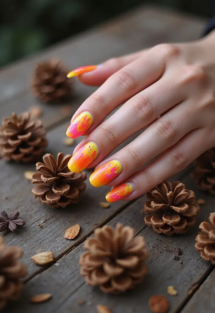 37 Summer Neon Nails to Brighten Your Vacation Looks - 36. Neon Campfire Nights