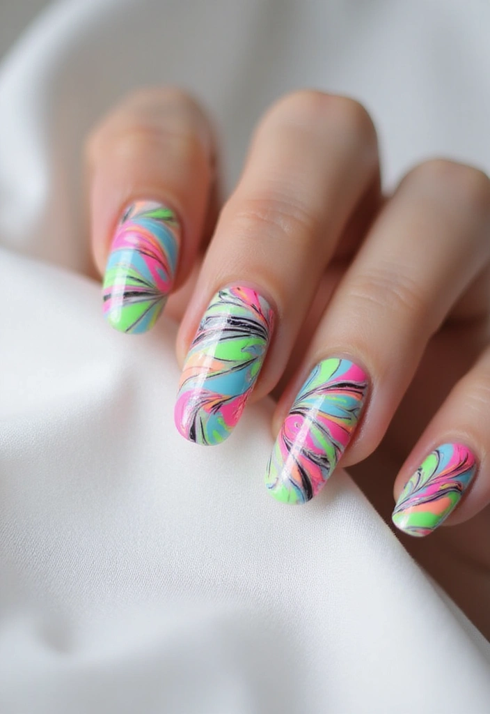 37 Summer Neon Nails to Brighten Your Vacation Looks - 4. Neon Marble Effect