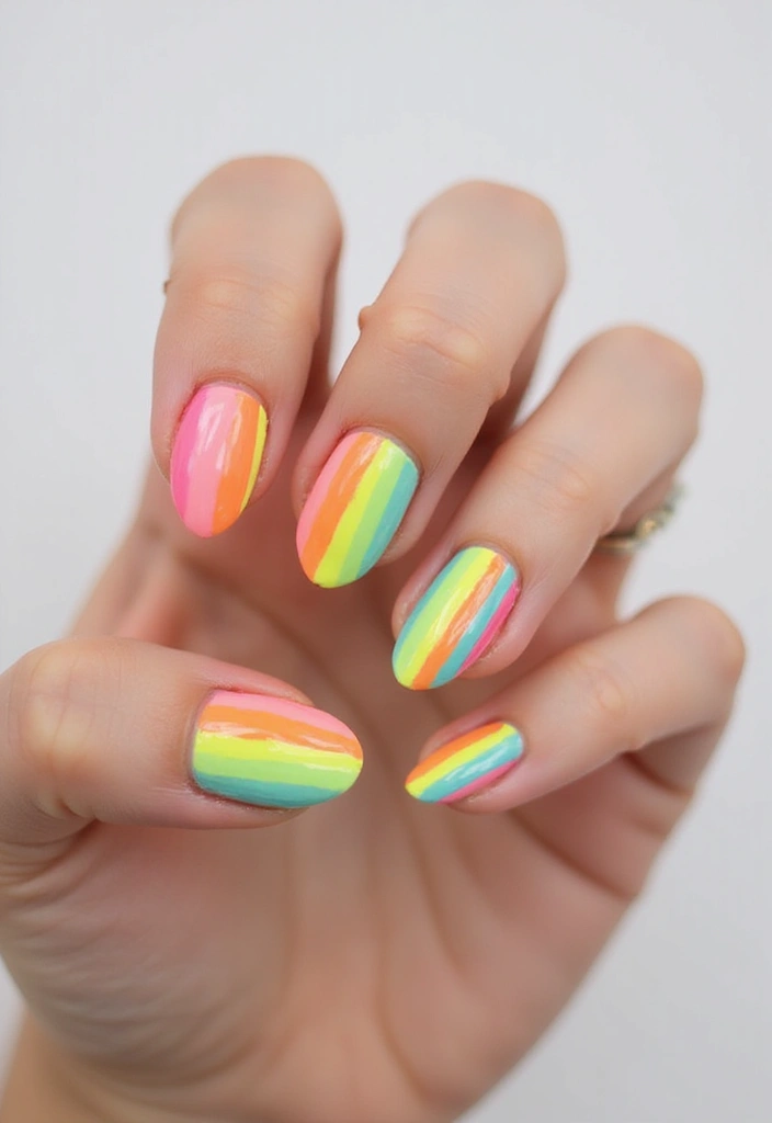 37 Summer Neon Nails to Brighten Your Vacation Looks - 6. Neon Rainbow Stripes