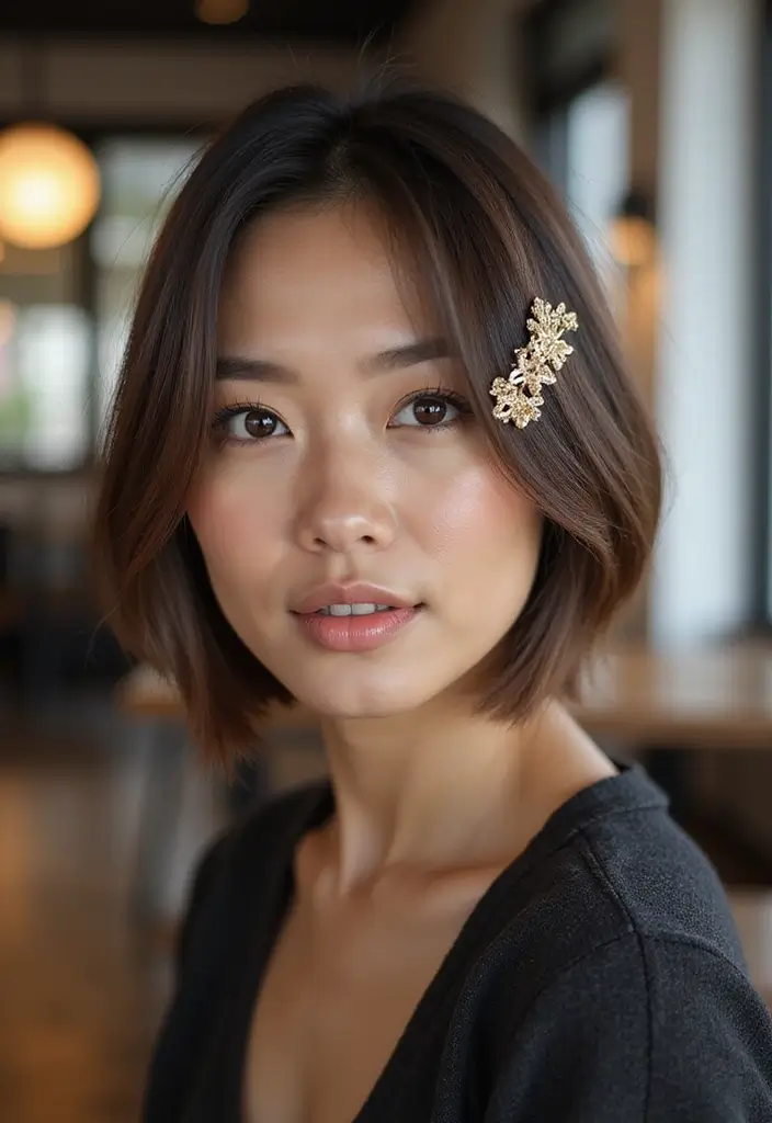 25 Hairstyles That Look Great with Hair Accessories - 11. Smooth Bob with Geometric Hair Clips