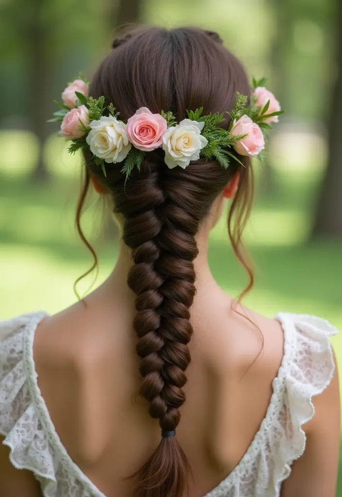 25 Hairstyles That Look Great with Hair Accessories - 12. Fishtail Braid with a Floral Crown
