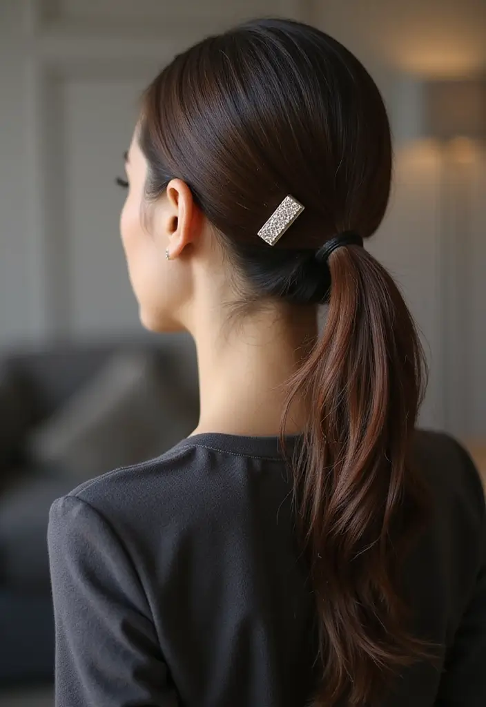 25 Hairstyles That Look Great with Hair Accessories - 15. Sleek Ponytail with Metallic Clutch Hairpin