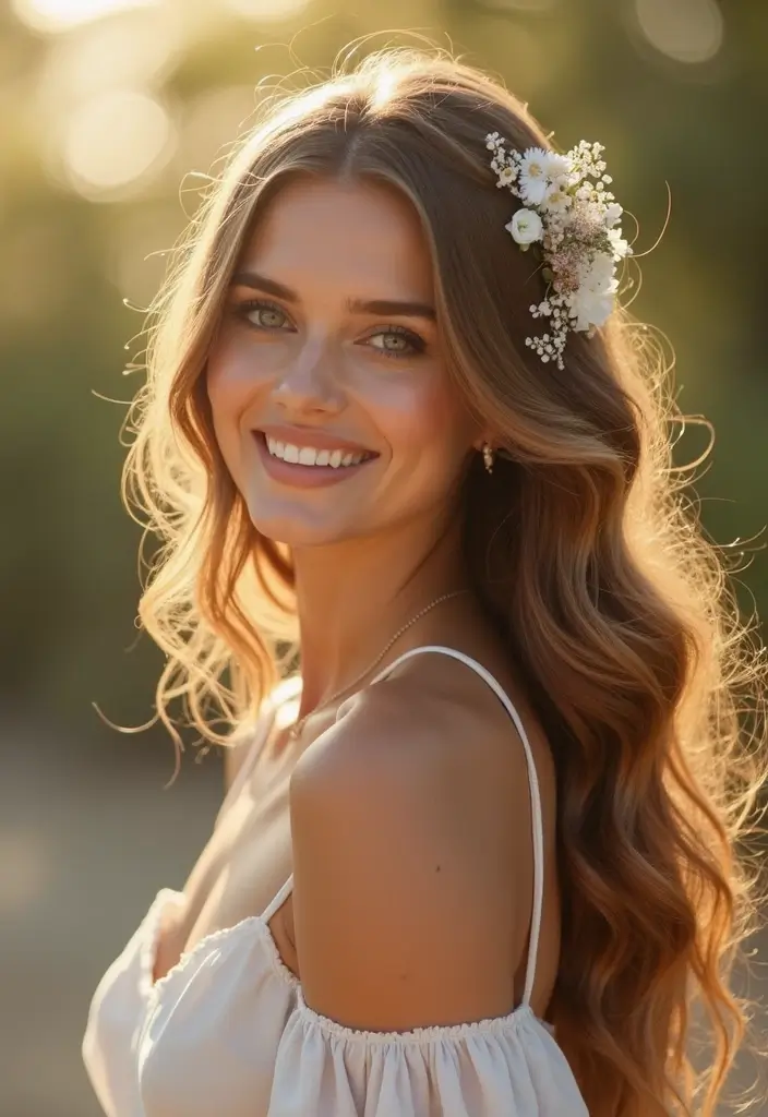 25 Hairstyles That Look Great with Hair Accessories - 19. Flowy Waves with a Flower Hair Clip
