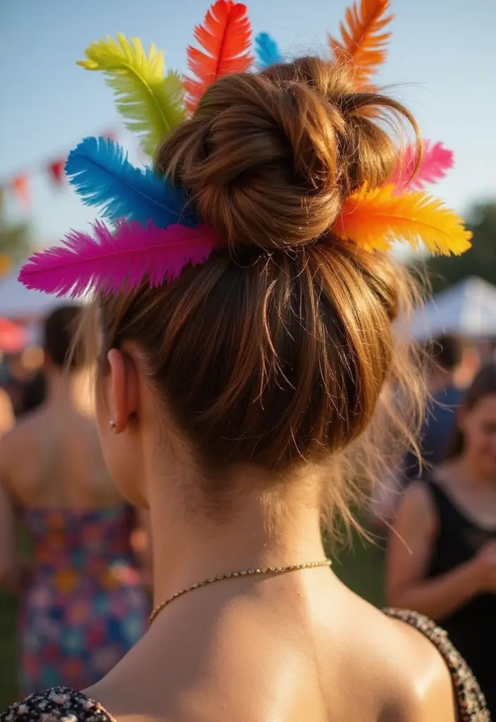 25 Hairstyles That Look Great with Hair Accessories - 25. Messy Bun with Colorful Feathers