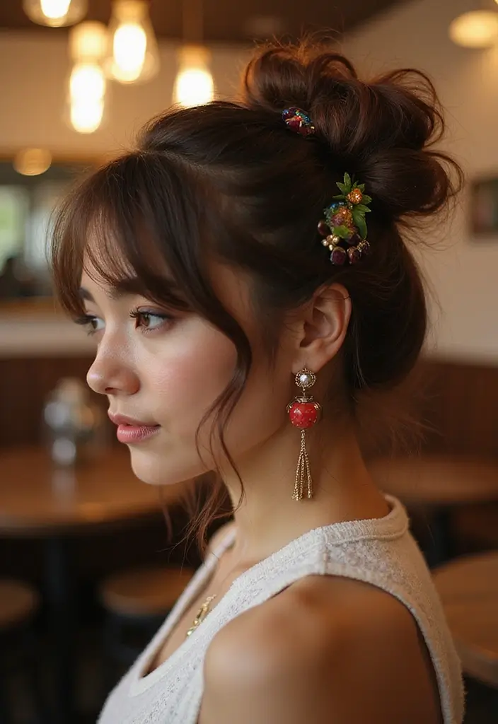 25 Hairstyles That Look Great with Hair Accessories - 6. Messy Bun with Statement Hairpins