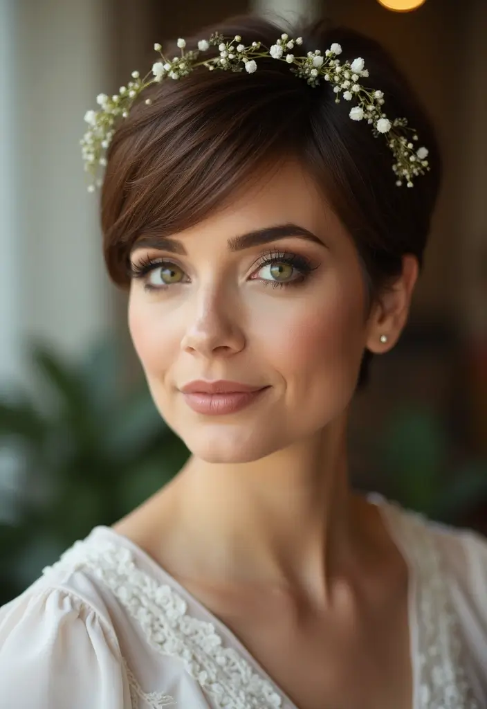 25 Wedding Hairstyle Ideas for Every Bride - 15. Pixie Cut with Floral Accessories