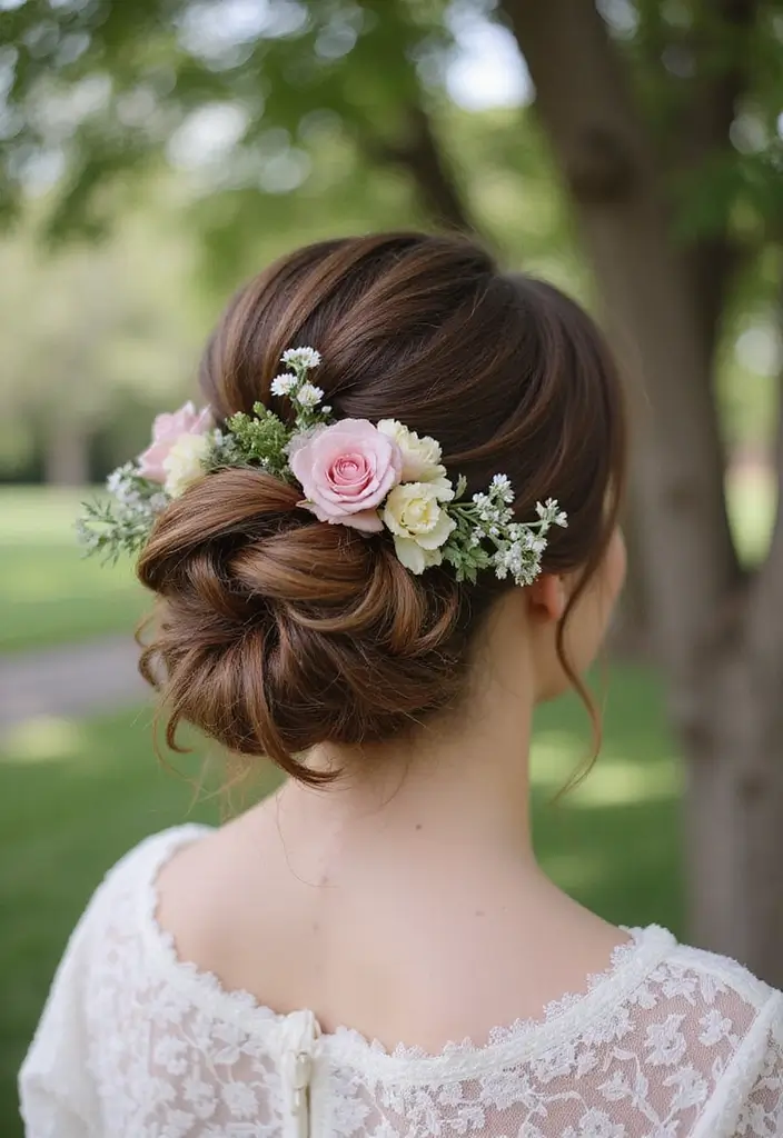 25 Wedding Hairstyle Ideas for Every Bride - 17. Messy Bun with Floral Accents