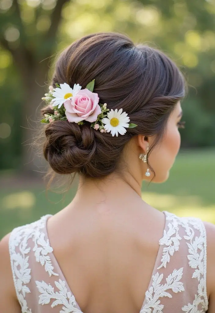 25 Wedding Hairstyle Ideas for Every Bride - 21. Half-Up Twist with Flowers