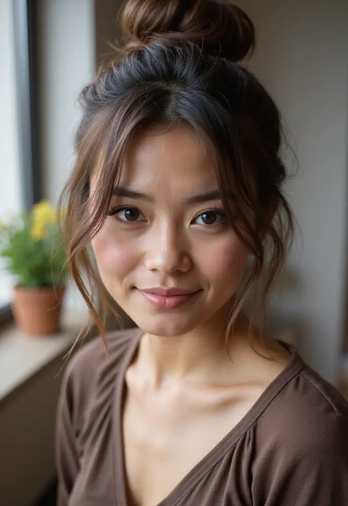 26 Hairstyles for Straight Hair That Stay All Day - 2. Messy Bun