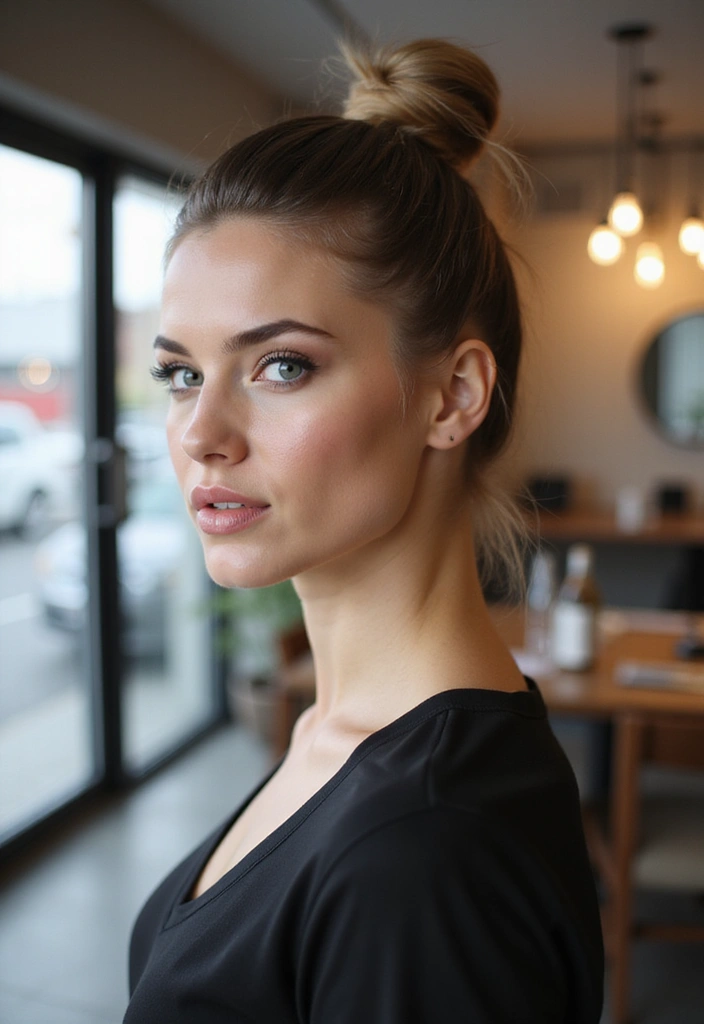 26 Hairstyles for Straight Hair That Stay All Day - 25. Sleek Top Knot