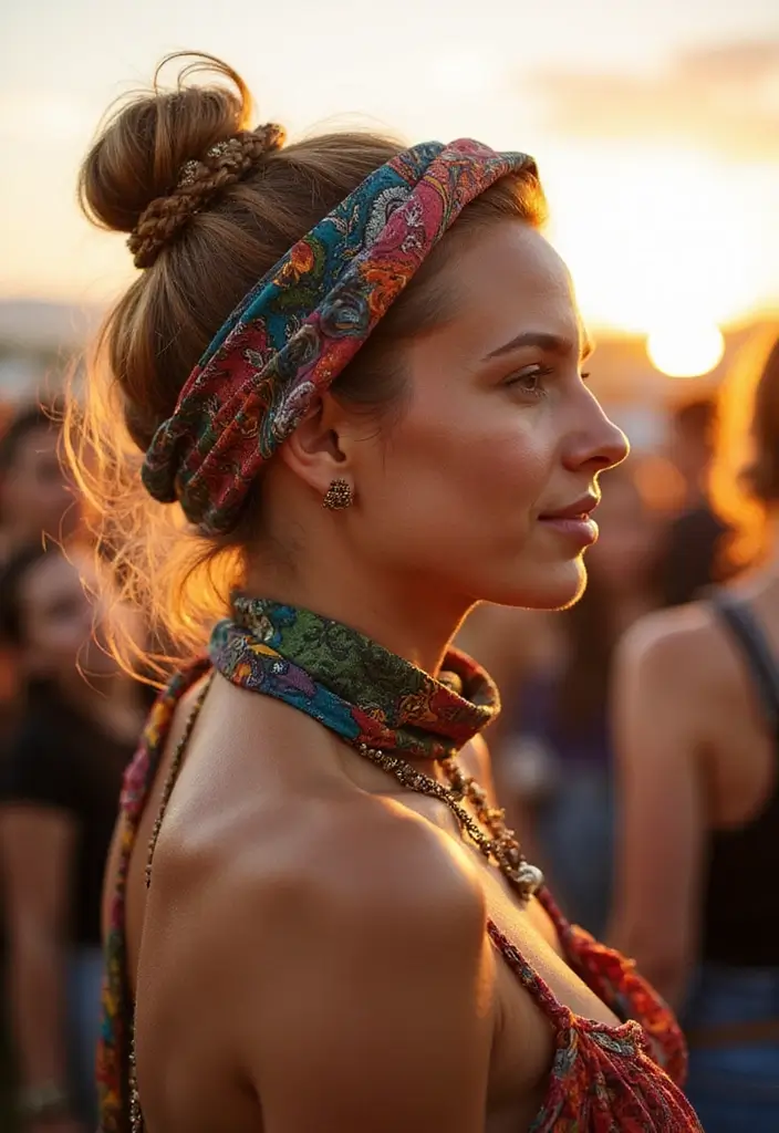 27 Hairstyles for Festivals That Steal the Spotlight - 22. Vintage Bun with Scarf