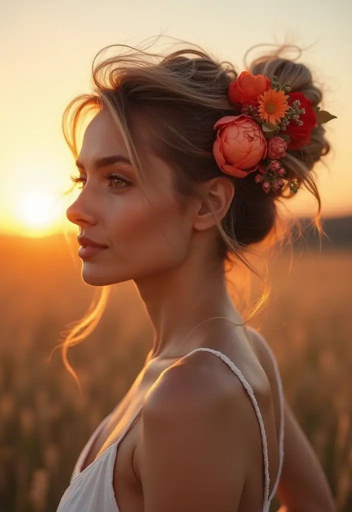 27 Party Hairstyle Ideas That Make You Stand Out - 4. Messy Bun with Flowers