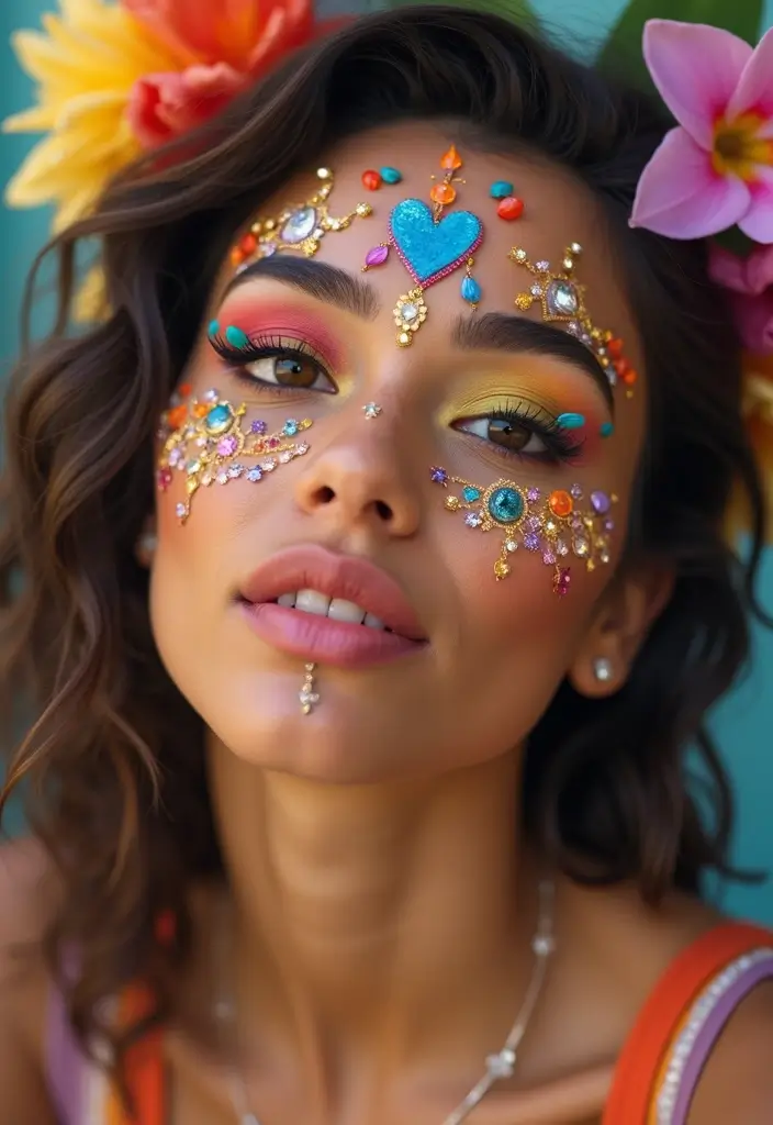 28 Festival Makeup Looks That Sparkle and Shine - 9. Festival Glam with Face Gems
