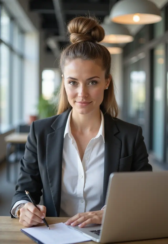 28 Hairstyles for Work That Look Effortlessly Professional - 21. Smooth Top Knot