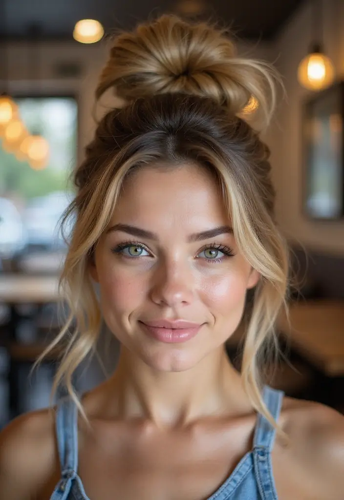 28 Long Hair Styling Ideas That Turn Heads - 6. Messy Top Knot