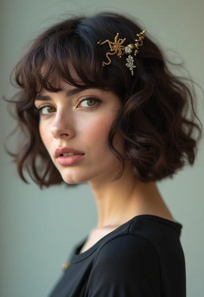 27 Bob Haircut Ideas That Flatter Every Face Shape - 22. Curly Bob with Decorative Hair Pins