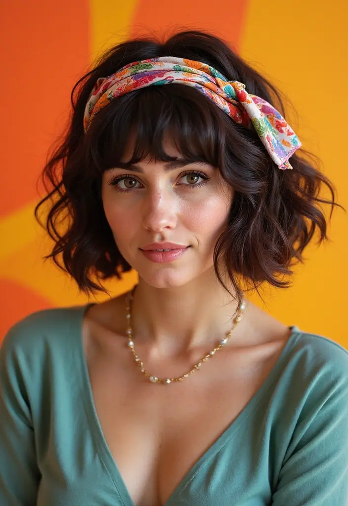 27 Bob Haircut Ideas That Flatter Every Face Shape - 24. Curly Bob with a Hair Scarf