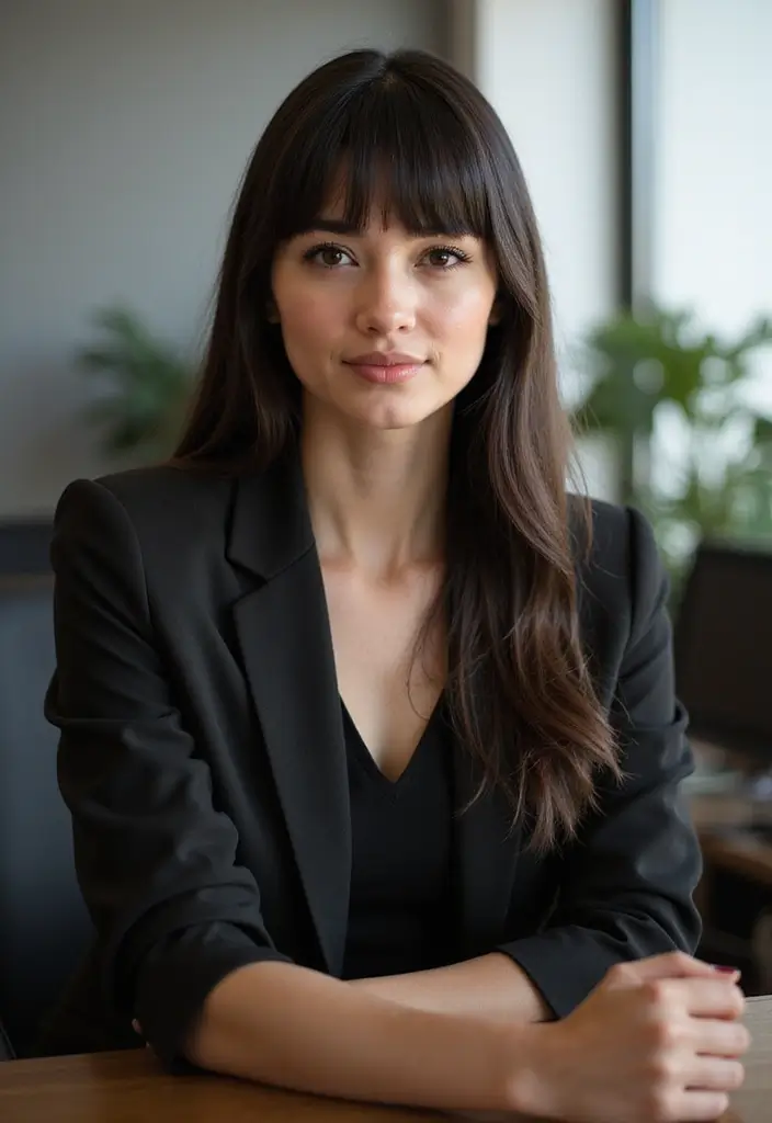 28 Hairstyles for Round Faces That Flatter Instantly - 24. Long, Straight Hair with Bangs